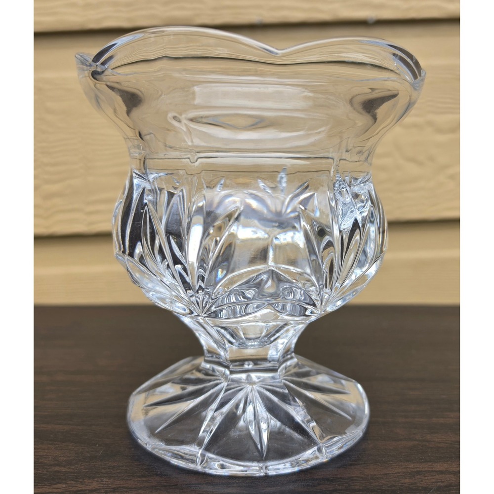 Vintage Clear Cut Glass Footed Candy‎ Dish Scalloped Rim Pedestal Bowl 5 Inch